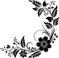 Fototapeta premium Vector art of black floral design with swirling leaves and petals, isolated on white background
