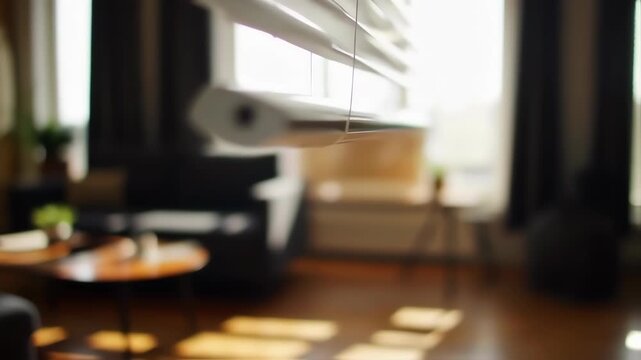 White blinds are being adjusted in a room