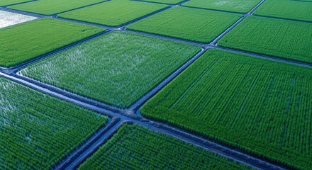 Lush Green Rice Terraces: Aerial View of Agricultural Fields and Irrigation System in Asia