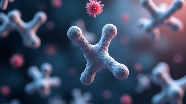 A microscopic view of antibodies as Y-shaped protein structures. The antibodies appear suspended in a liquid medium, representing blood plasma or interstitial fluid. 