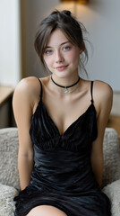 Fototapeta premium Woman in satin dress poses indoors on couch with warm light