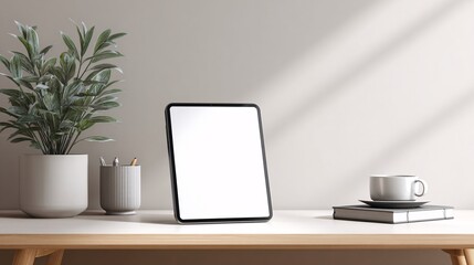 Fototapeta premium Modern minimalist tablet with a blank white screen resting on a sleek white desk, unbranded mockup-ready style.