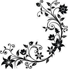 Vector art of elegant black floral design with swirling vines and leaves, isolated on white background