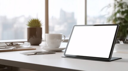 Fototapeta premium Modern minimalist tablet with a blank white screen resting on a sleek white desk, unbranded mockup-ready style.
