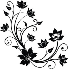 Vector art of artistic black floral motif with blooming lotus flowers and decorative swirls, isolated on a white background