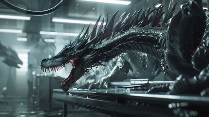 A laboratory scene showing a massive dragon restrained in a high-tech containment chamber, scientists using advanced bioengineering equipment to modify its DNA strands displayed on holographic screen