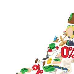 Cartoon banking and finance icons forming a corner frame on a white background, ideal for presentations and marketing materials