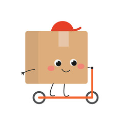 Cute cartoon cardboard box in red cap on kick scooter