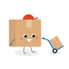 Funny cartoon cardboard box with trolley pushcart courier parcel