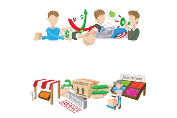 Cartoon businessmen shaking hands, making deals, advertising products and transporting goods