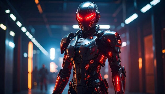 Futuristic armored female robot stands in a dimly lit corridor