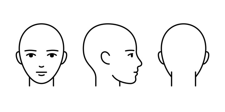 Head full face, profile and back line icon. Unisex head template without hair. Vector isolated illustration