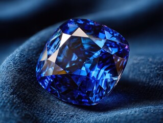 Close-up View of Sparkling Blue Gemstone on Soft Textile Background, Showcasing Brilliant Cut and Luster with Vivid Blue Hues and Reflective Facets