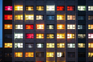 Colorful windows illuminate a city apartment building at dusk, creating a vibrant urban display of light and life
