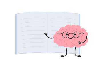 Cute child character brain with open book, notebook. Happy brain reading book. School education and knowledge testing. Vector cartoon illustration