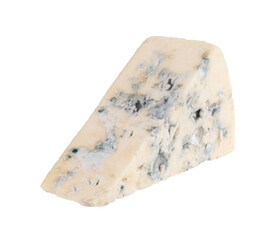 Triangular slice of blue cheese isolated on white