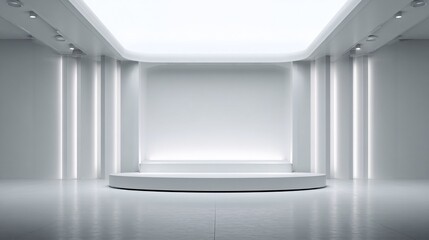Fototapeta premium Empty bright white stage with a seamless backdrop and soft, even lighting.