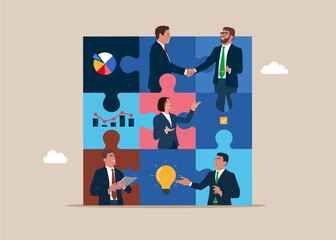 Puzzle pieces with different business people in each, discussing a project. Flat vector illustration