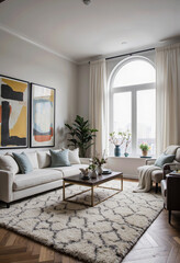 Fototapeta premium An elegant and bright transitional living room featuring a beautiful arched window, comfortable neutral-toned furniture, and large, vibrant abstract artwork. 