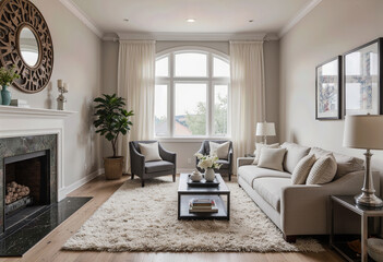 Fototapeta premium A bright and elegant transitional living room featuring a beautiful arched window, comfortable neutral-toned furniture, and a classic, serene design aesthetic. 
