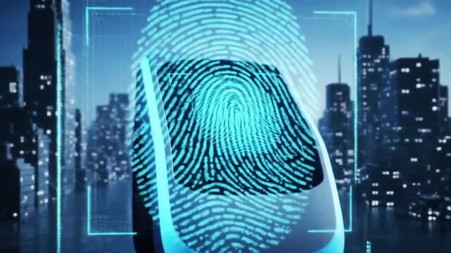 Futuristic biometric scan identifies global digital identity against cityscape background