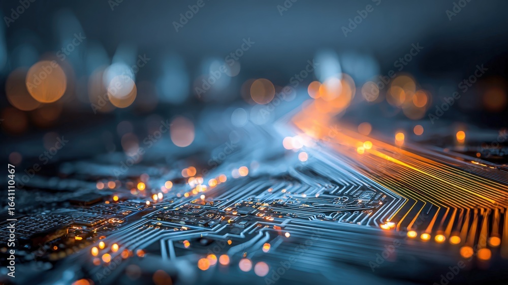 Poster abstract circuit board design with glowing electronic components and futuristic data flow