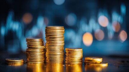 Stacks of Golden Coins Depicting Growth, Financial Success and Investment Opportunities in Business