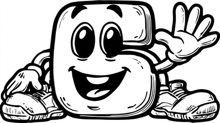 Obraz premium Cartoon number six character with shoes, arms, and smiling face, hand waving hello