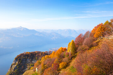 Picturesque view of Lake Como from the  Belvedere of Parco Valentino in autumn sunny day, Piani dei Resinelli, Ballabio, Province of Lecco, Lombardy, Italy.