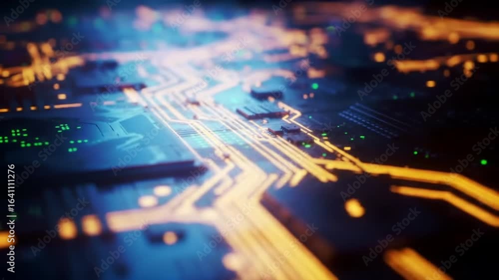 Poster dynamic glowing circuit board pulses with digital energy, representing technology's future.