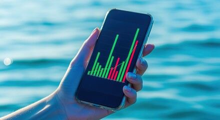 Close-up of Stock Market Analysis on Smartphone Screen Held Over Blue Sea Water Background