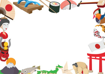 Cartoon frame showcasing various elements of japanese culture, including traditional clothing, food, landmarks, and art forms