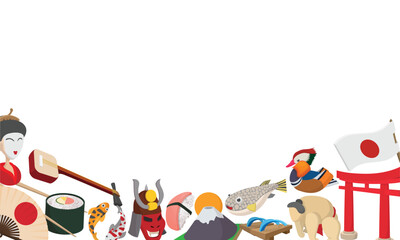 Cartoon illustration showcasing various elements of japanese culture, creating a vibrant representation of japan's rich heritage