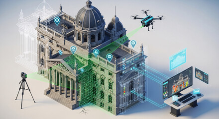 Advanced building inspection using a drone and laser scanner to create a 3D digital twin model for architectural analysis.