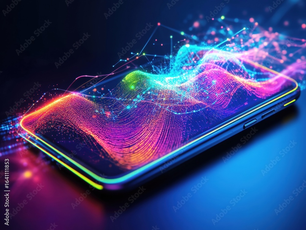Poster a sleek smartphone rests on a dark surface, displaying vibrant, colorful waves of light and data pat