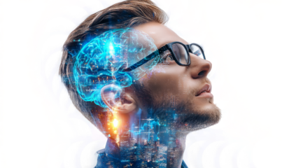 artificial intelligence concept with double exposure on a white background. A man in glasses is thinking about something futuristic and high-tech, glowing brain structure.	
