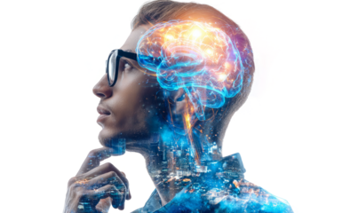 artificial intelligence concept with double exposure on a white background. A man in glasses is thinking about something futuristic and high-tech, glowing brain structure.	
