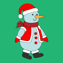 Snowman Santa Claus. Hand drawn color flat vector. Cute snow cartoon character. Merry Christmas symbol. Winter holiday card. Illustration doodle line art.