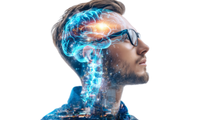 artificial intelligence concept with double exposure on a white background. A man in glasses is thinking about something futuristic and high-tech, glowing brain structure.	
