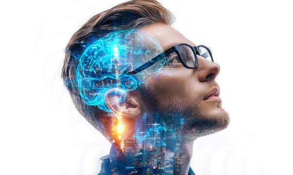 artificial intelligence concept with double exposure on a white background. A man in glasses is thinking about something futuristic and high-tech, glowing brain structure.	
