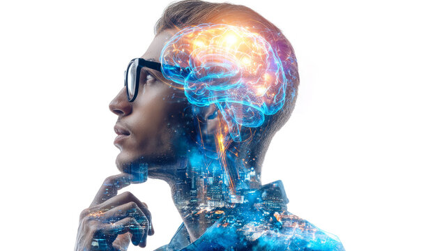 artificial intelligence concept with double exposure on a white background. A man in glasses is thinking about something futuristic and high-tech, glowing brain structure.	
