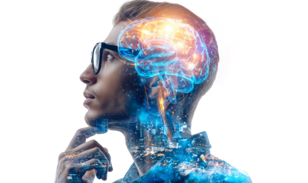artificial intelligence concept with double exposure on a white background. A man in glasses is thinking about something futuristic and high-tech, glowing brain structure.	
