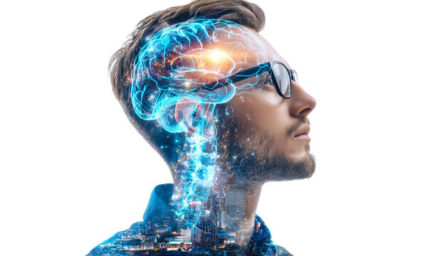 artificial intelligence concept with double exposure on a white background. A man in glasses is thinking about something futuristic and high-tech, glowing brain structure.	

