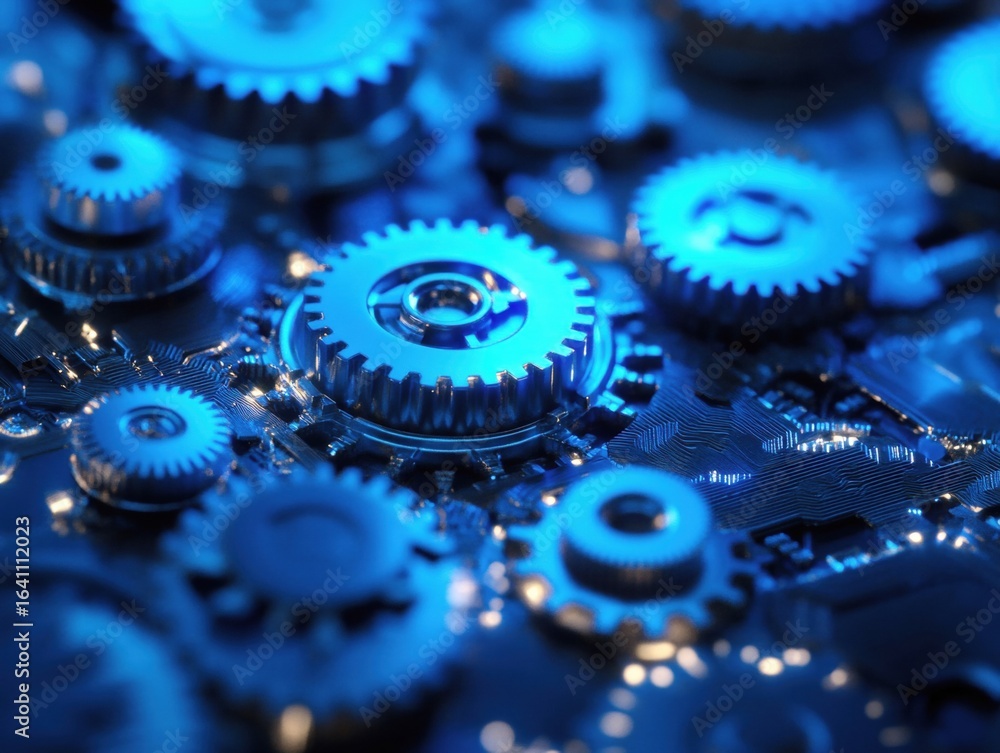 Poster an intricate arrangement of metallic gears and machinery parts glows under a blue light. the details