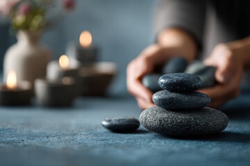 Tranquil Zen Garden with Smooth Stones, Candles, and Soft Background for Relaxation, Meditation, and Mindfulness Practices in Serene Setting