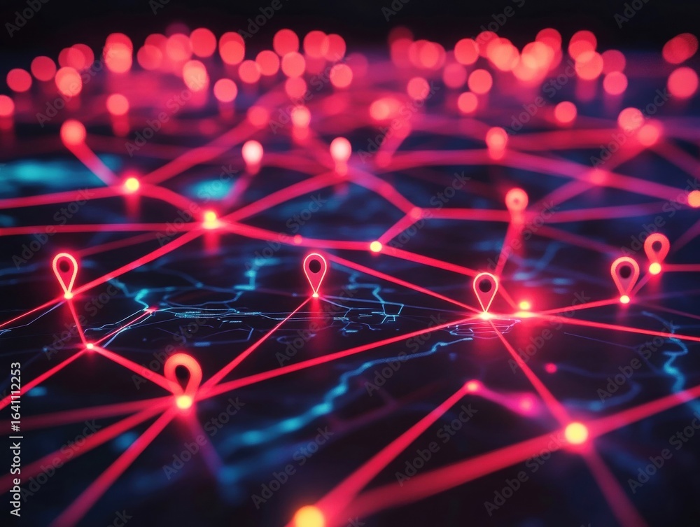 Poster a vibrant digital network showcasing bright red points interconnected with glowing lines on a dark b