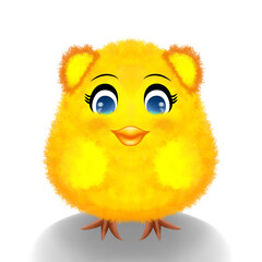 Obraz premium Cute Fluffy Yellow Chick with Big Eyes on White Background, Cartoon Spring Theme