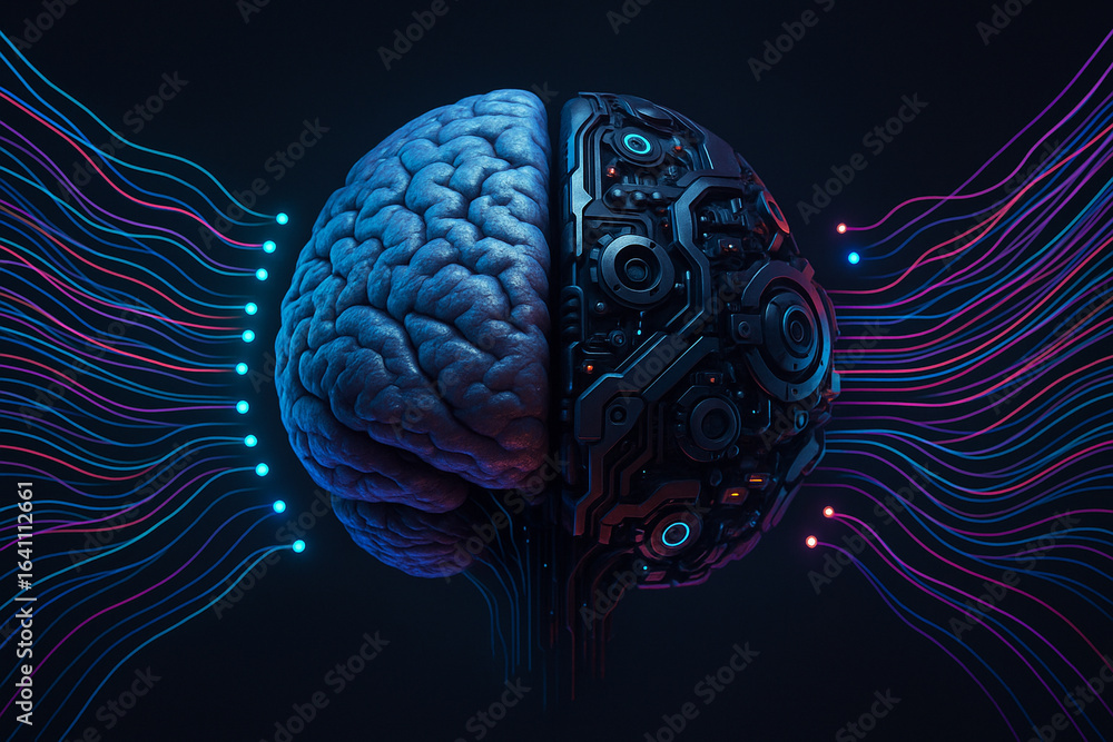 Poster brain with machine side symbolizes fusion of machine learning and human intelligence