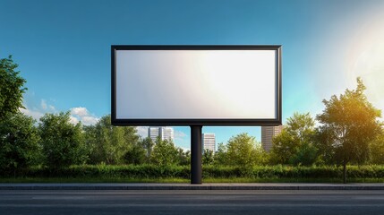 Obraz premium Billboard Mockup on City Street with Blue Sky and Green Trees Offering Advertising Space