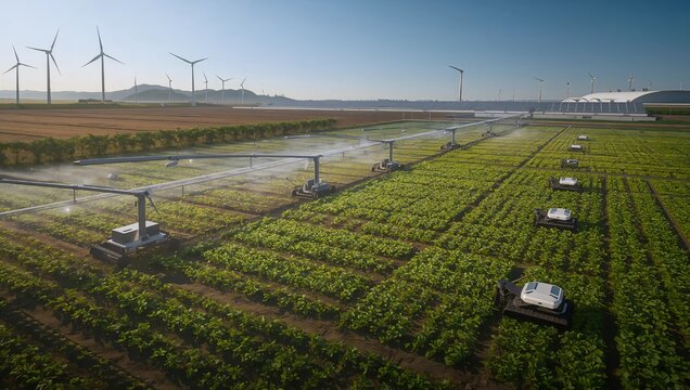 Agricultural field being irrigated by automated sprinklers and robots, with wind turbines in the background, showcasing modern farming technology.